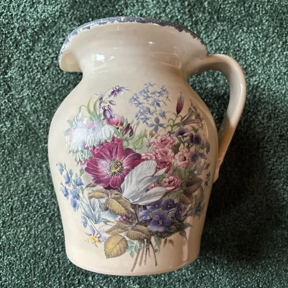 VTG 2001 Home & Garden Party Ceramic Wash Bowl w/Pitcher Set USA Handmade Floral